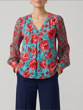 Isaac Mizrahi Bold Floral Print Blouse With Lace Sleeves